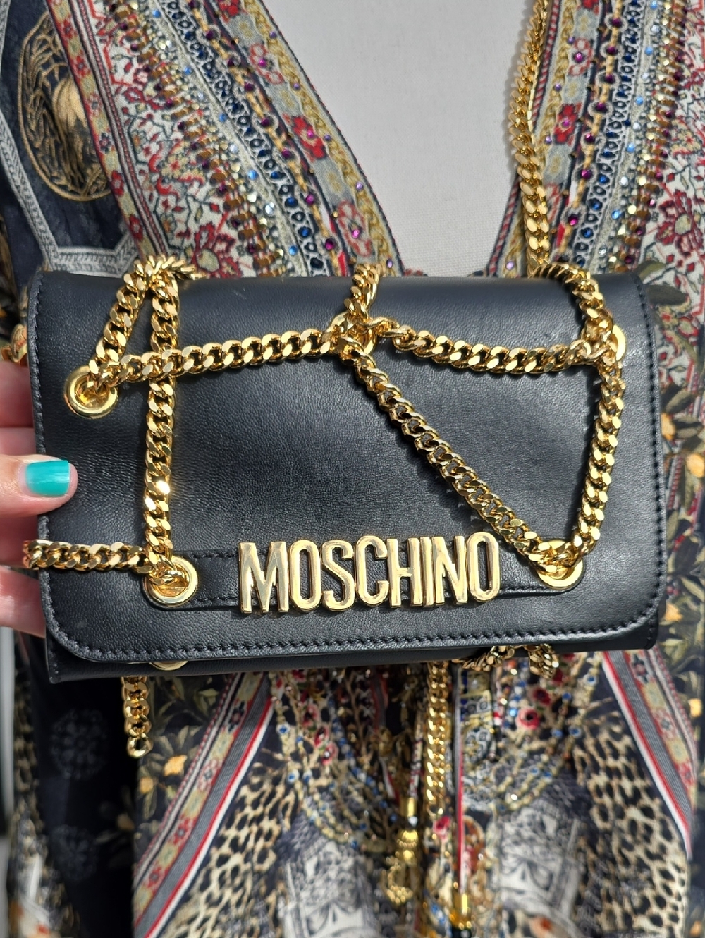 Moschino Black and Gold Leather Wallet Crossbody with Statement Logo - Picture 11 of 12